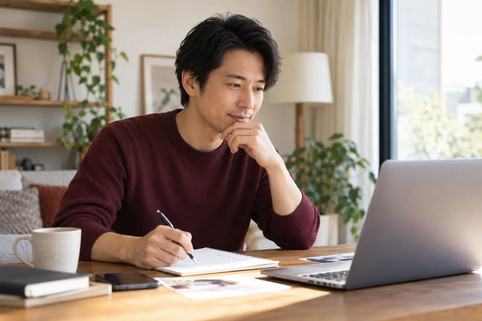 自宅で薄毛のオンライン診療に向けた質問を整理する男性のイメージ。実在の患者ではありません