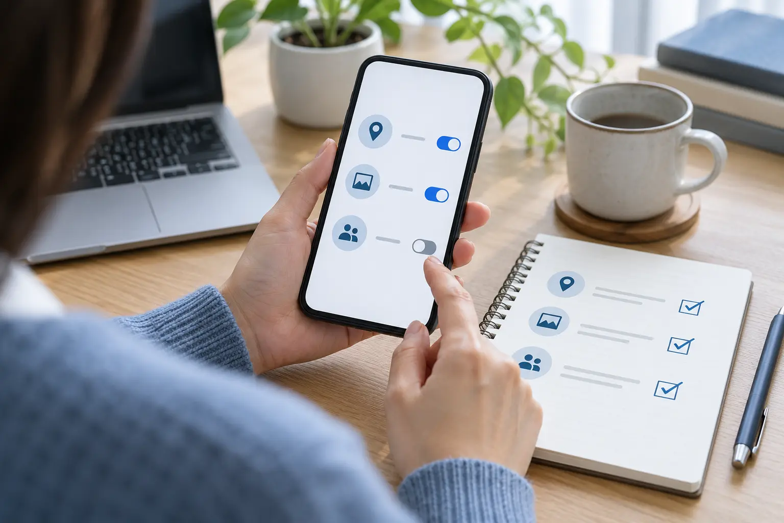 スマートフォンの位置情報・写真・連絡先の権限を確認するイメージ