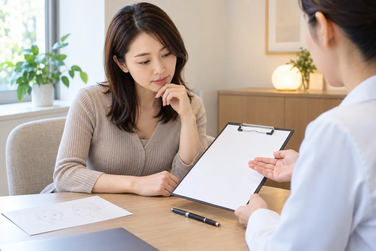美容医療の施術前に同意書と説明を確認する女性のイメージ。施術中や実在の患者ではありません