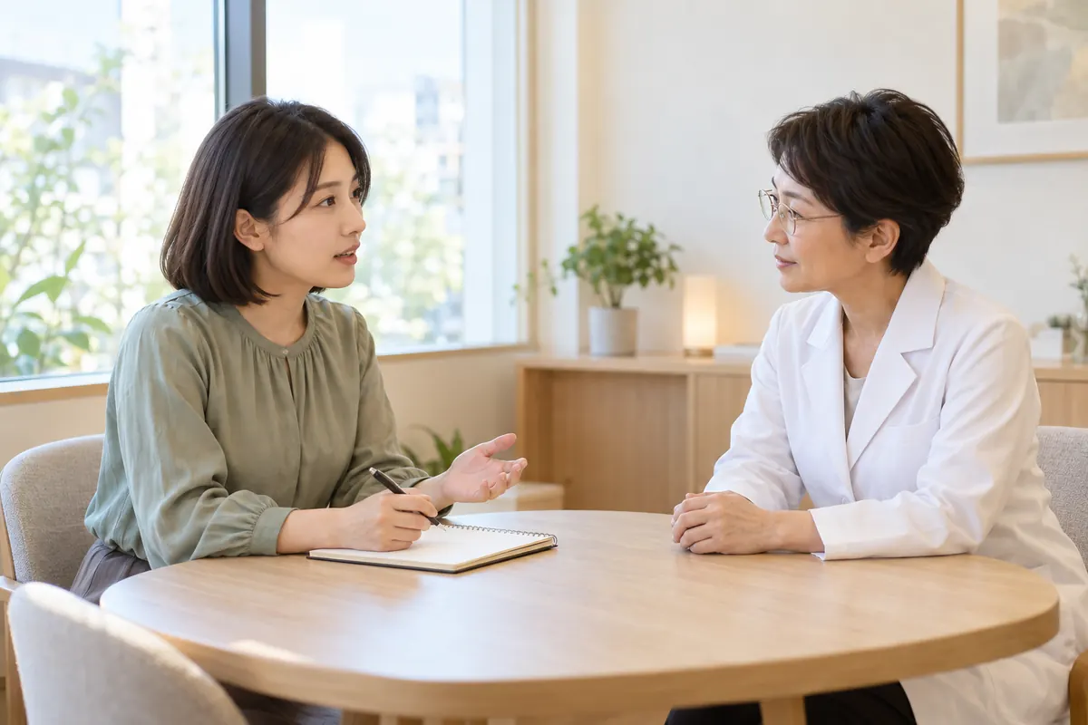 質問用のノートを用意して美容医療のカウンセリングを受ける女性のイメージ