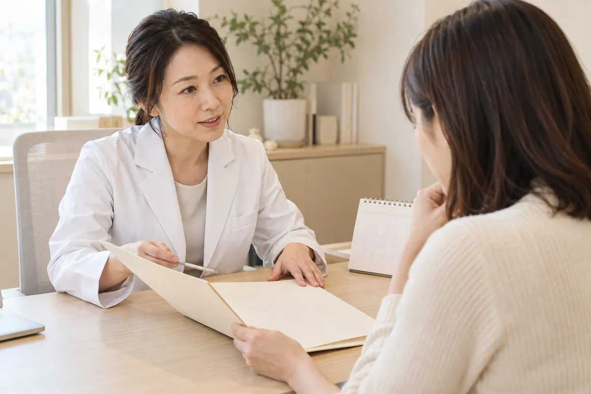 診察室で費用や今後の予定を資料で確認する女性のイメージ