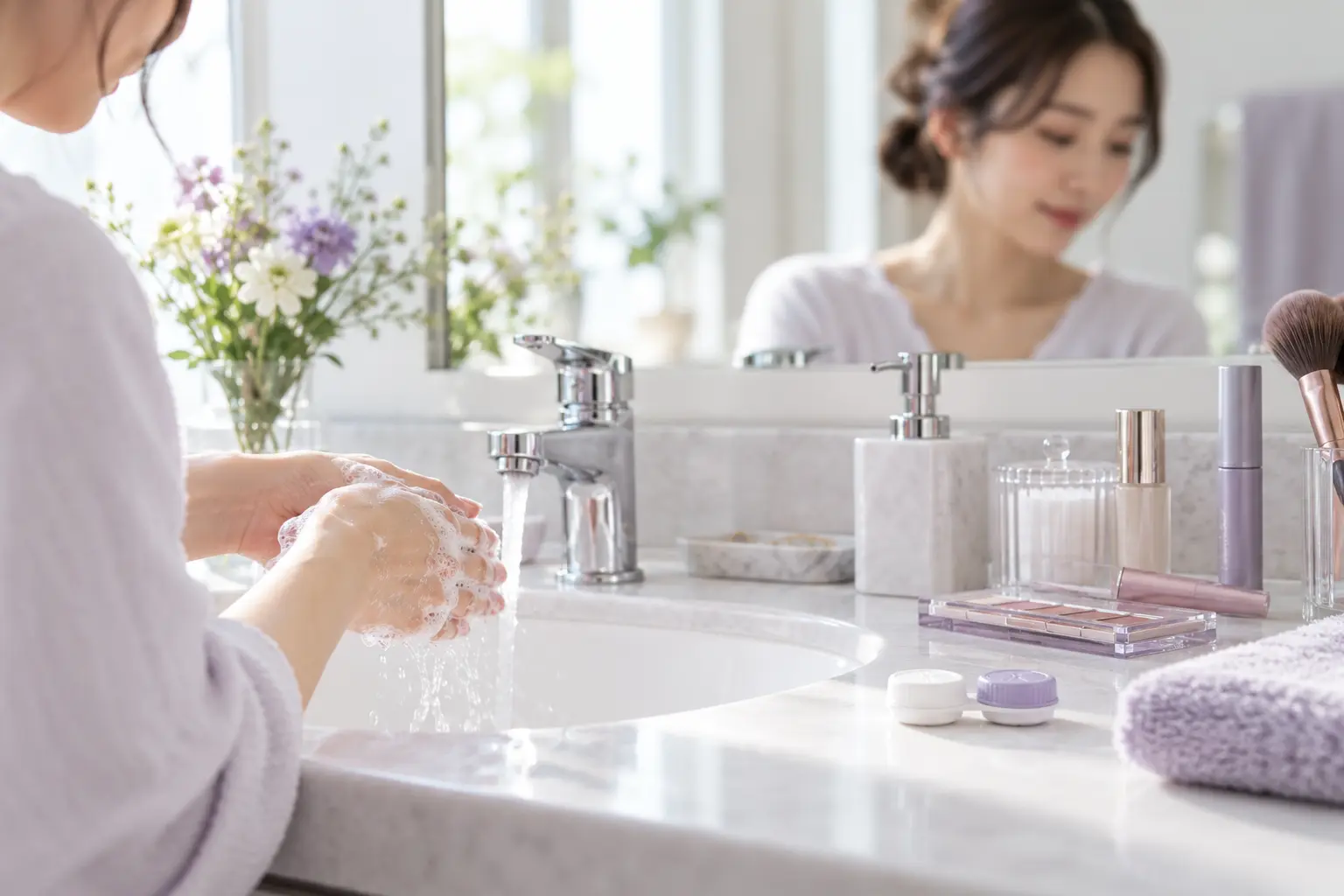 コンタクトレンズとアイメイクの前に手を洗う女性のイメージ。目への装着場面ではありません