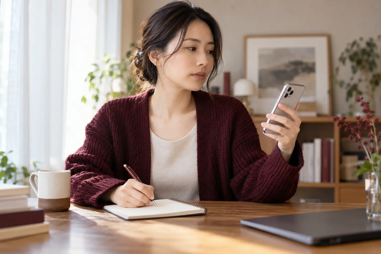 自宅でスマートフォンの連絡を止め、相談用のメモを残す女性のイメージ。実際の被害者ではありません