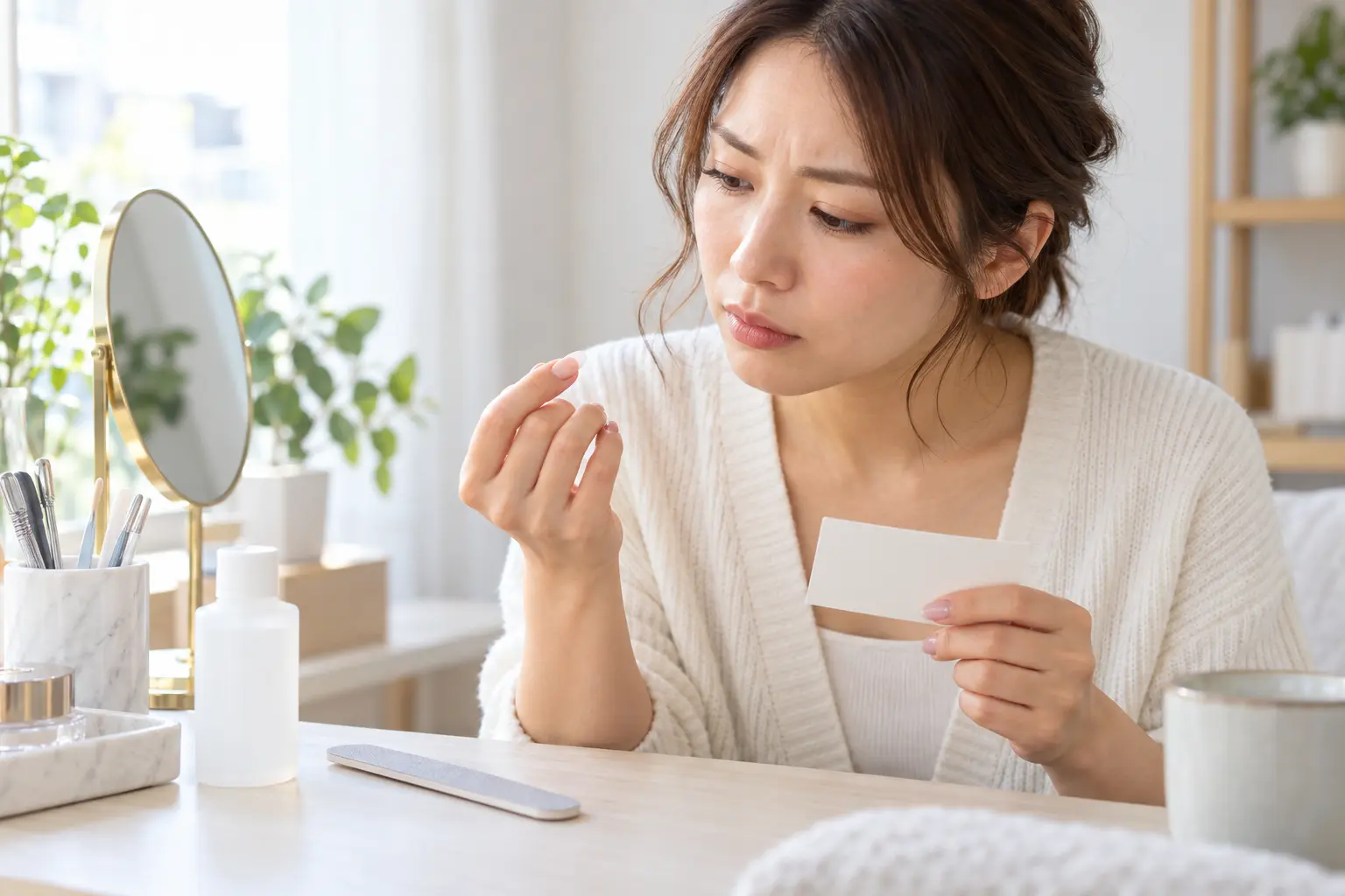 浮いたジェルネイルを剥がさず状態と予約情報を確認する女性のイメージ。症例写真ではありません