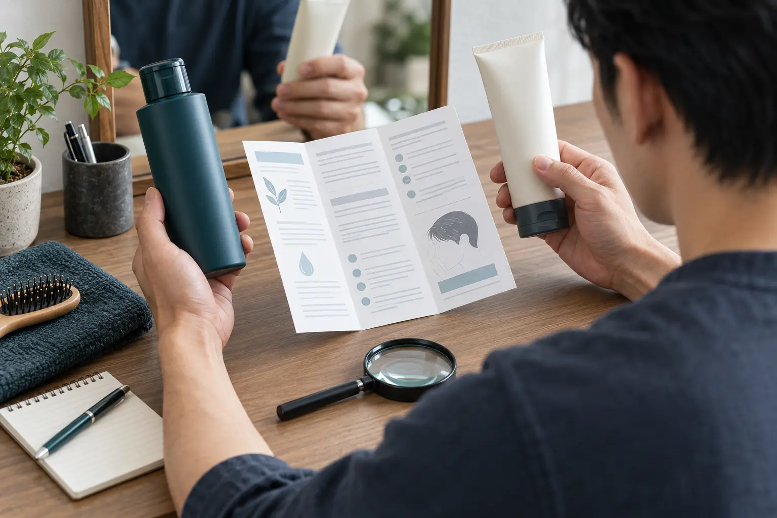 無地の頭皮用製品と説明書を比較する男性のイメージ。効果や施術結果を示すものではありません