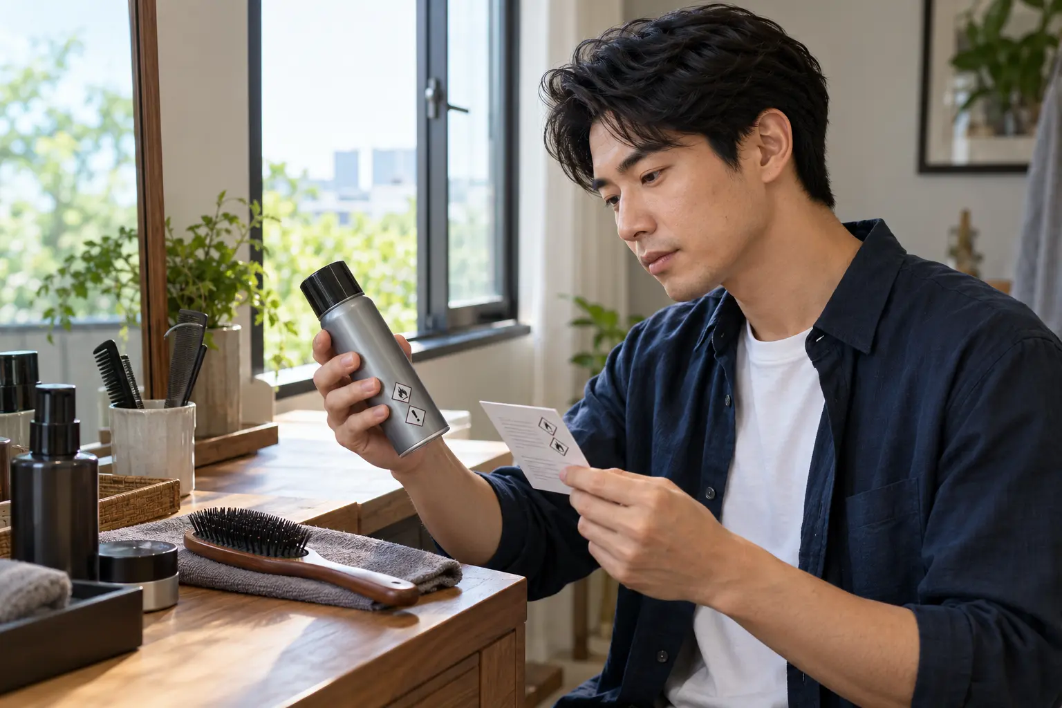 換気できる部屋でヘアスプレー缶の注意表示を確認する男性のイメージ