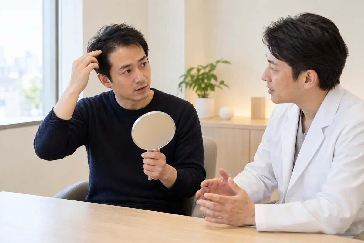 鏡を手に髪の悩みについて診察室で相談する男性のイメージ