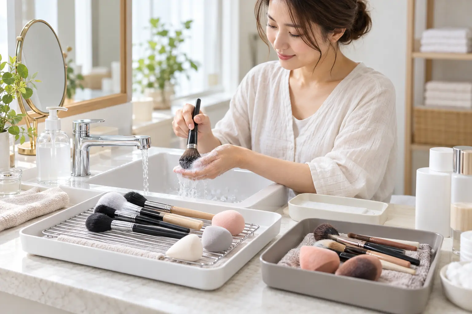 メイクブラシとスポンジを洗浄済み・使用済みに分ける女性のイメージ