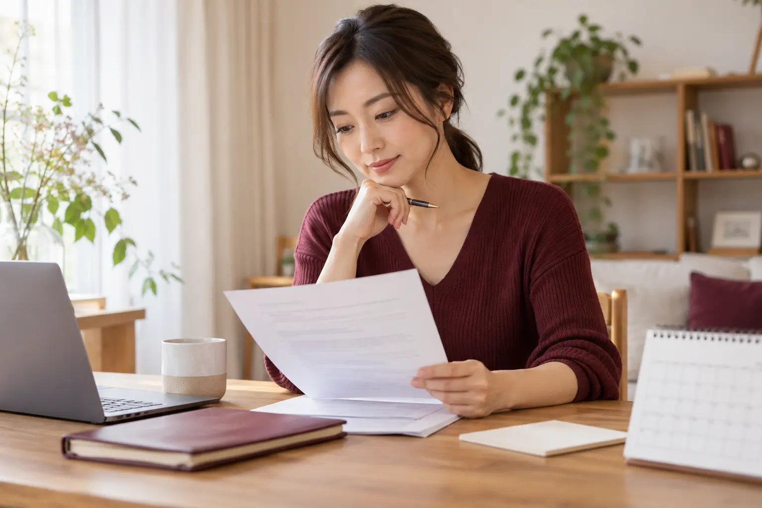 自宅の机で結婚相談所の契約書とカレンダーを確認する女性のイメージ