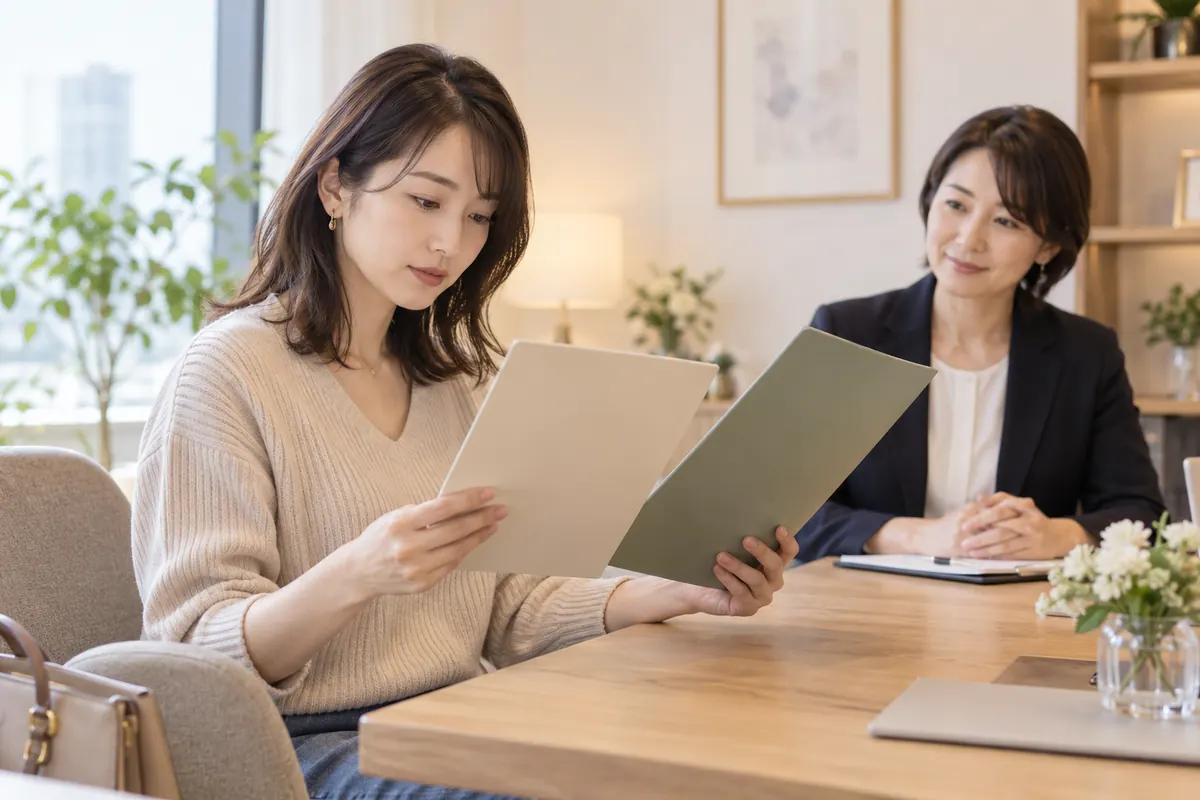 相談室で結婚相談所の案内資料を比較する女性のイメージ