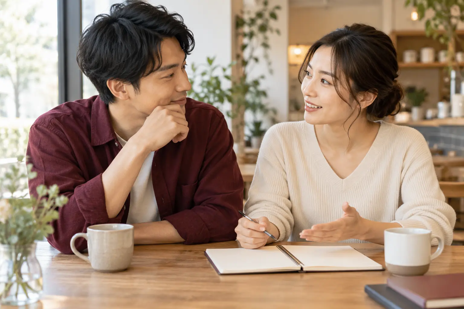 カフェでノートを広げ、これからの家計について対話する男女のイメージ