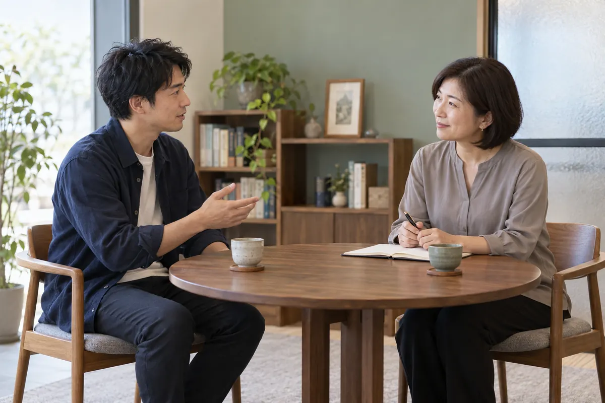 結婚相談所の無料相談を想定した男性と担当者の面談イメージ