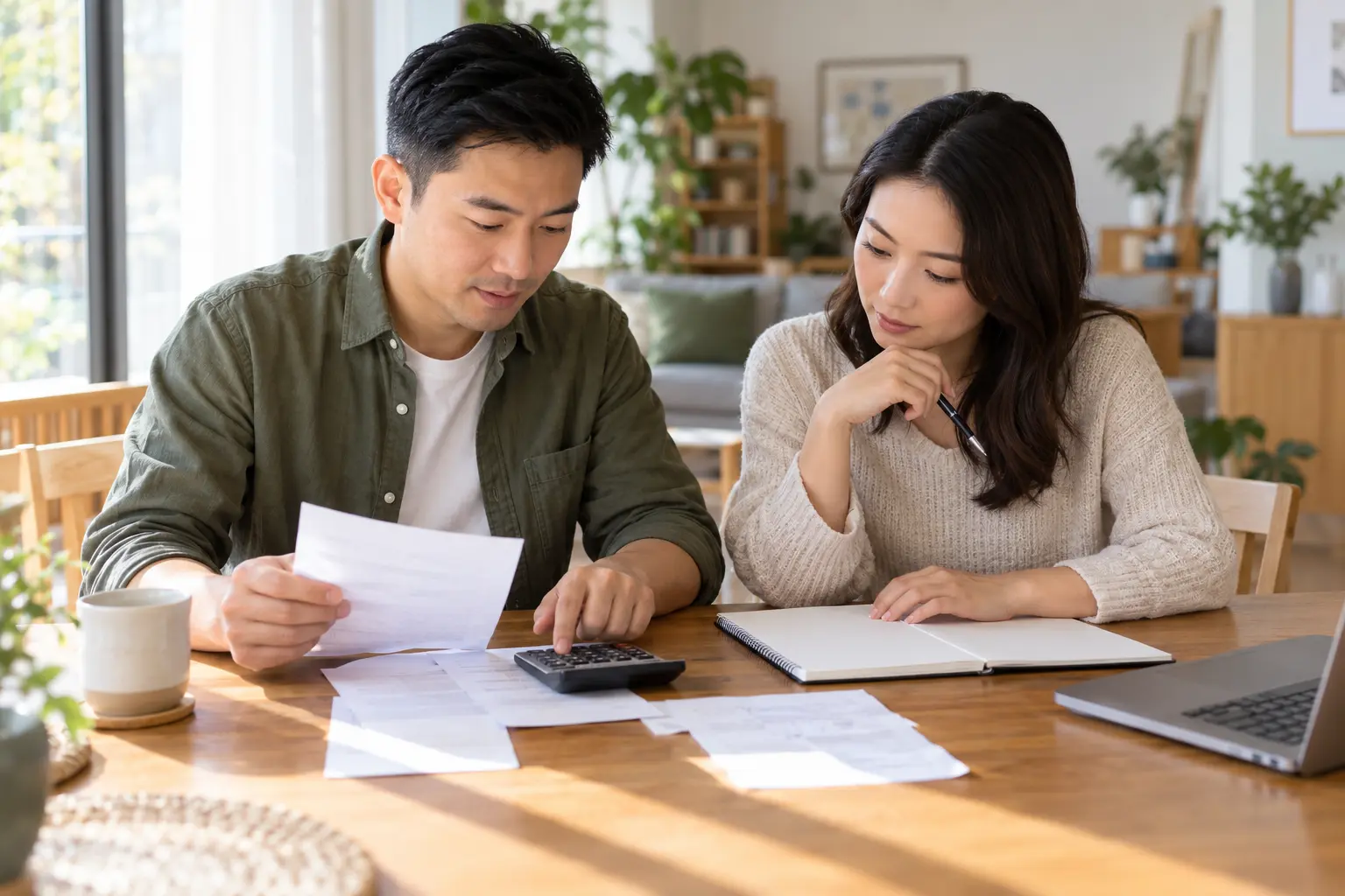 結婚後の健康保険と年金の書類を二人で整理するイメージ