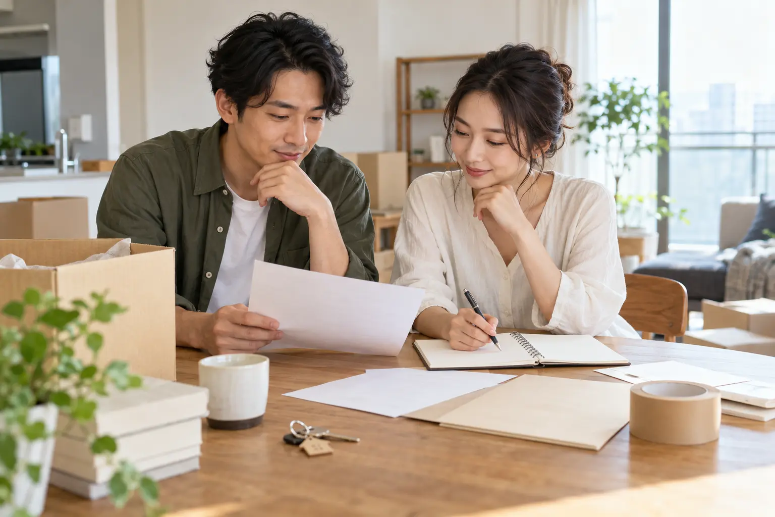 結婚後の引っ越しに向けて二人で住所変更の確認表を整理するイメージ