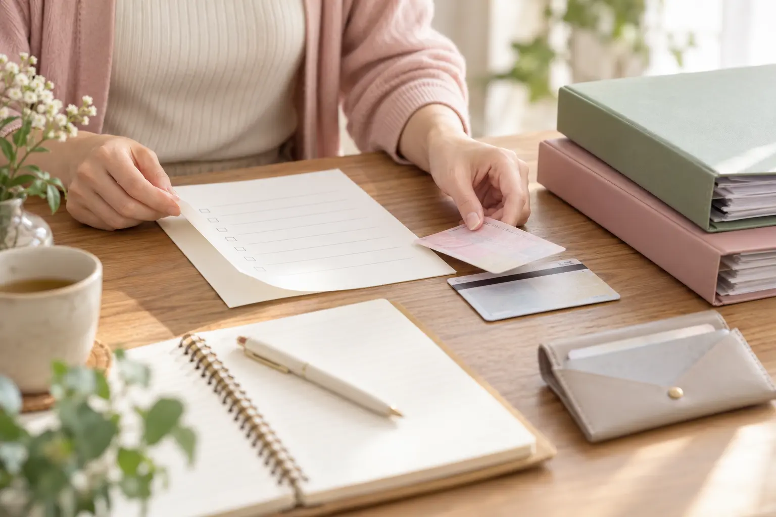 旧姓併記の手続きに向けて書類とカード類を整理する女性のイメージ