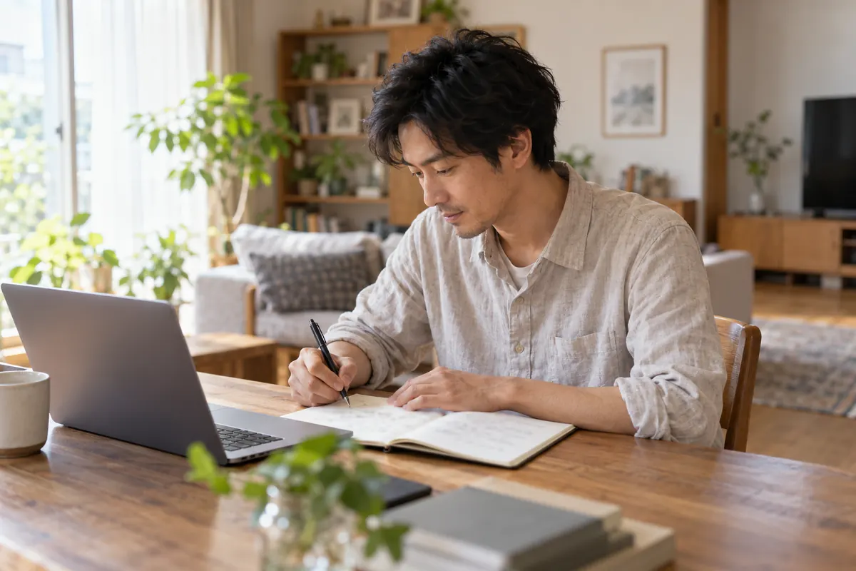 自宅でノートに婚活の自己紹介文を考える男性のイメージ