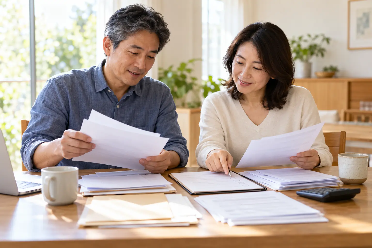 年末調整前に二人の収入資料と確認表を整理するイメージ