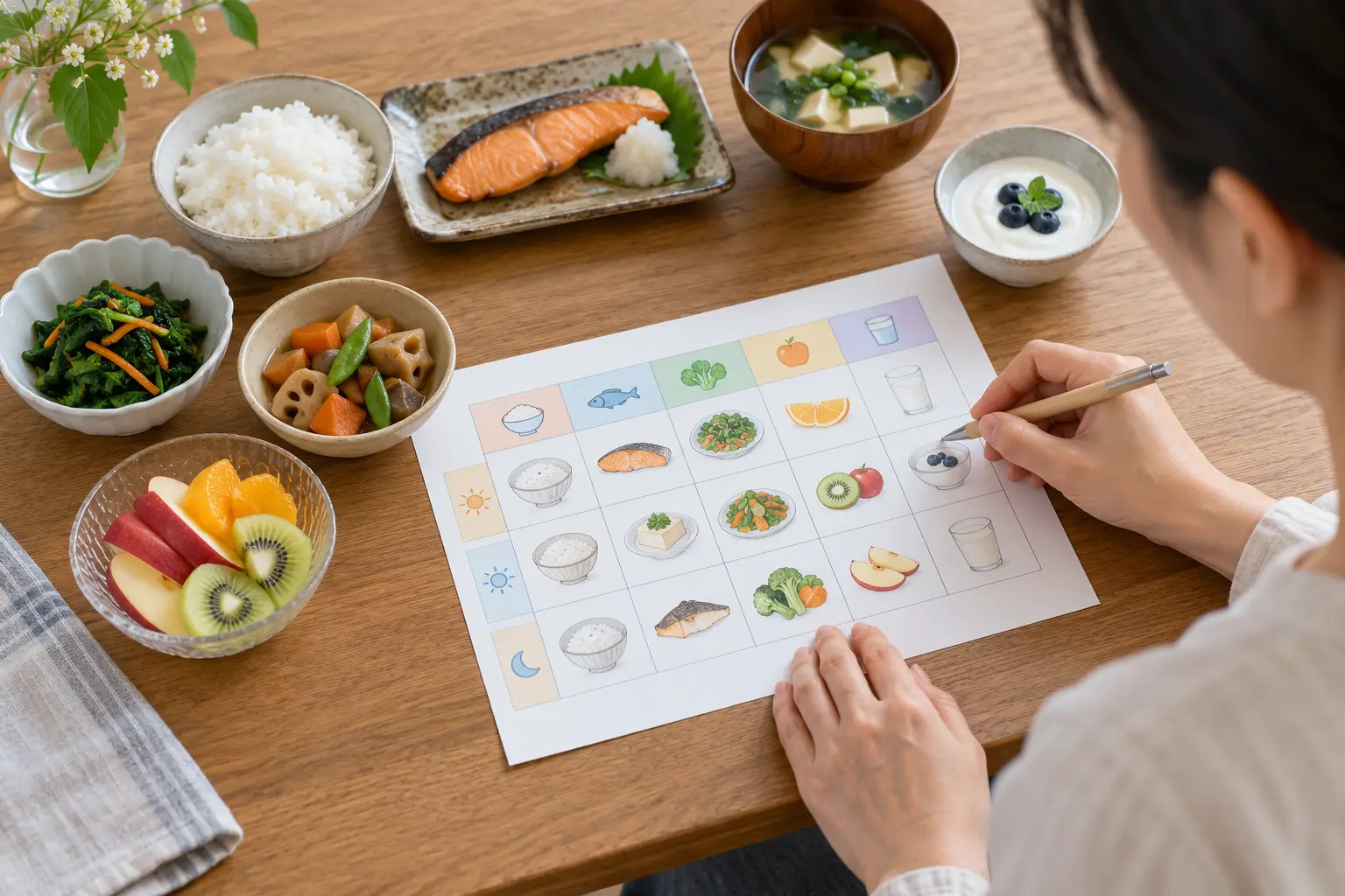 主食・副菜・主菜などを三日分の食事メモへ整理するイメージ