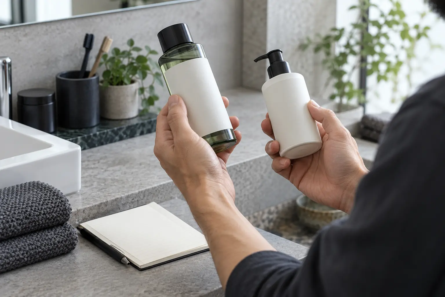 無地の男性向け化粧品容器の成分表示を確認するイメージ