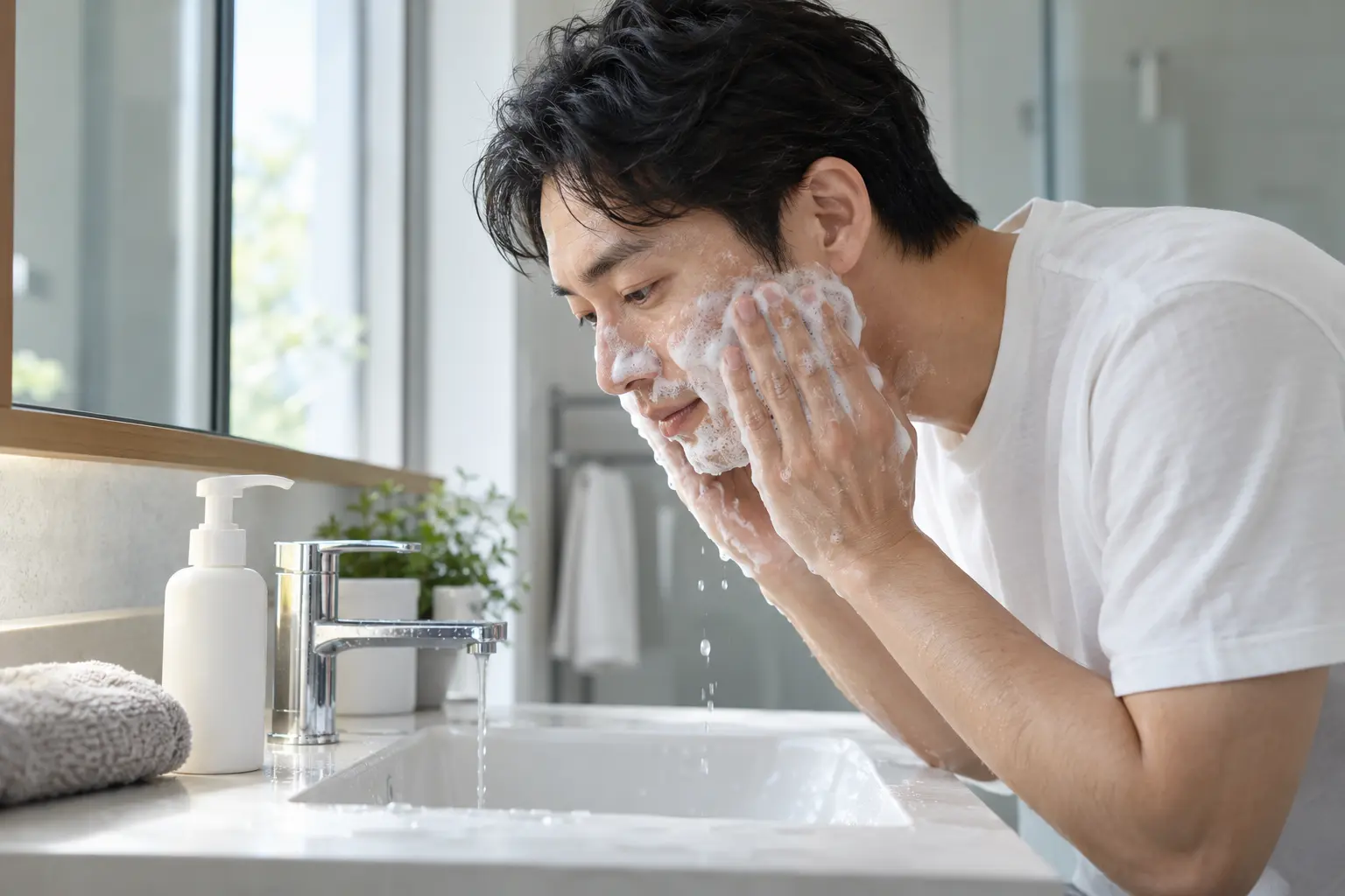 洗面台でこすりすぎないよう丁寧に洗顔する男性のイメージ