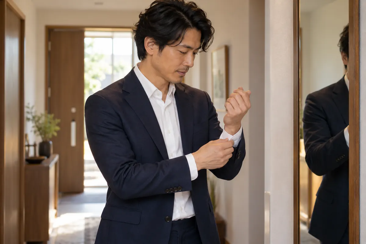 鏡の前で紺のジャケットと白いシャツの身だしなみを整える男性のイメージ