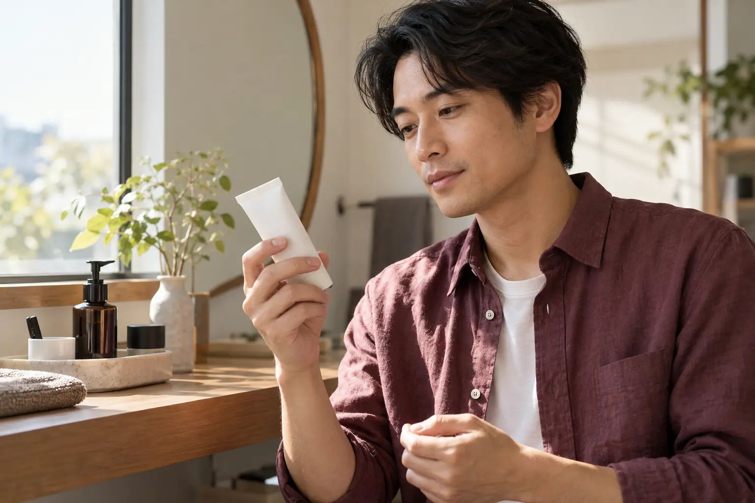 朝の身支度で無地の日焼け止め容器の表示を確認する男性のイメージ
