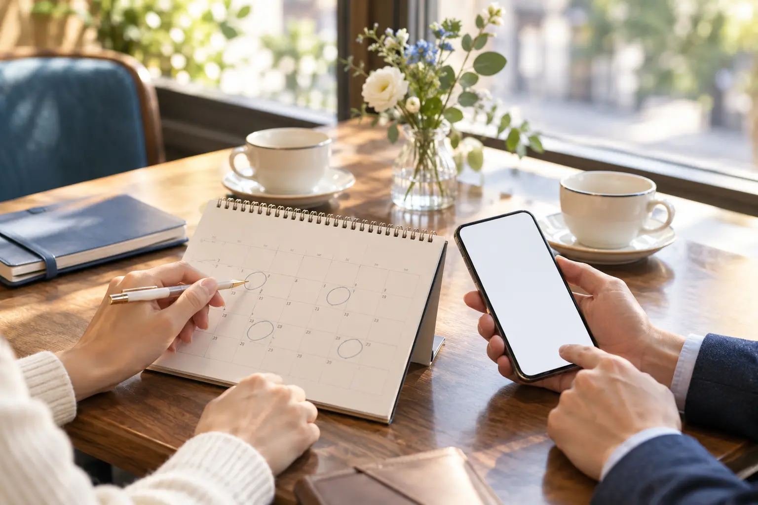 カフェでカレンダーとスマートフォンを使いお見合い候補日を調整するイメージ