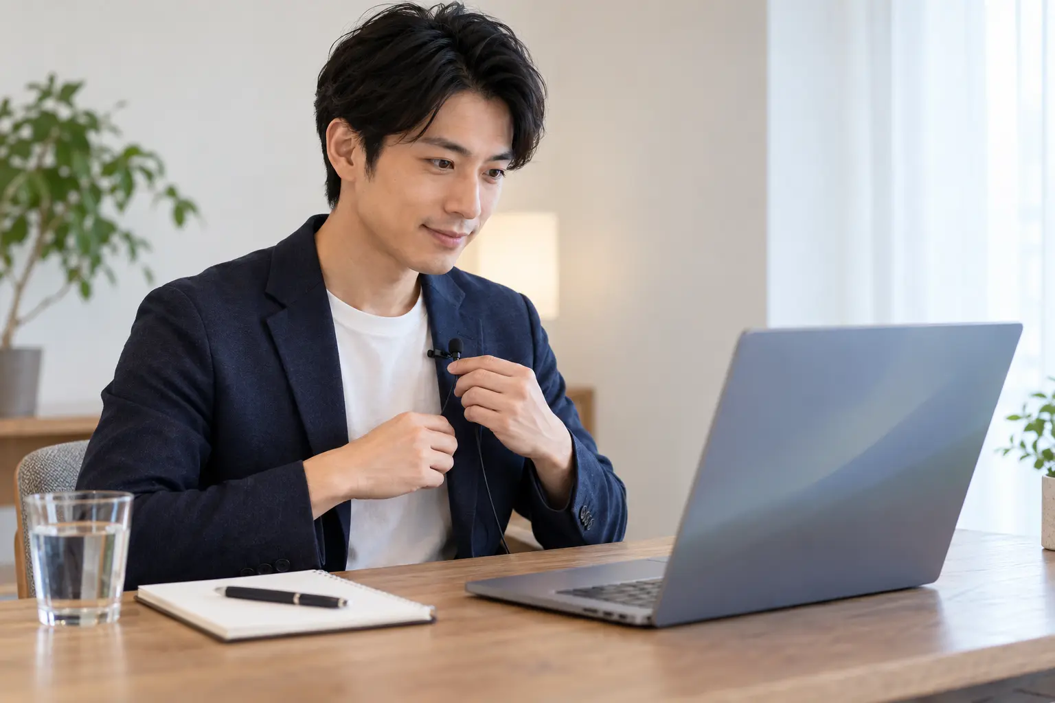 自宅でオンラインお見合い前にカメラとマイクを確認する男性のイメージ