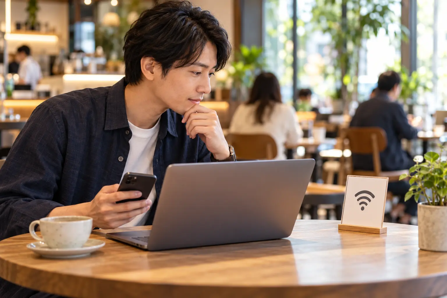 カフェで公式Wi-FiのSSIDを確認してから端末を使うイメージ