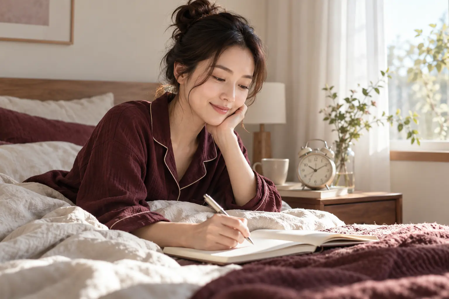 朝の寝室で就寝時刻と休養感をノートに記録する女性のイメージ