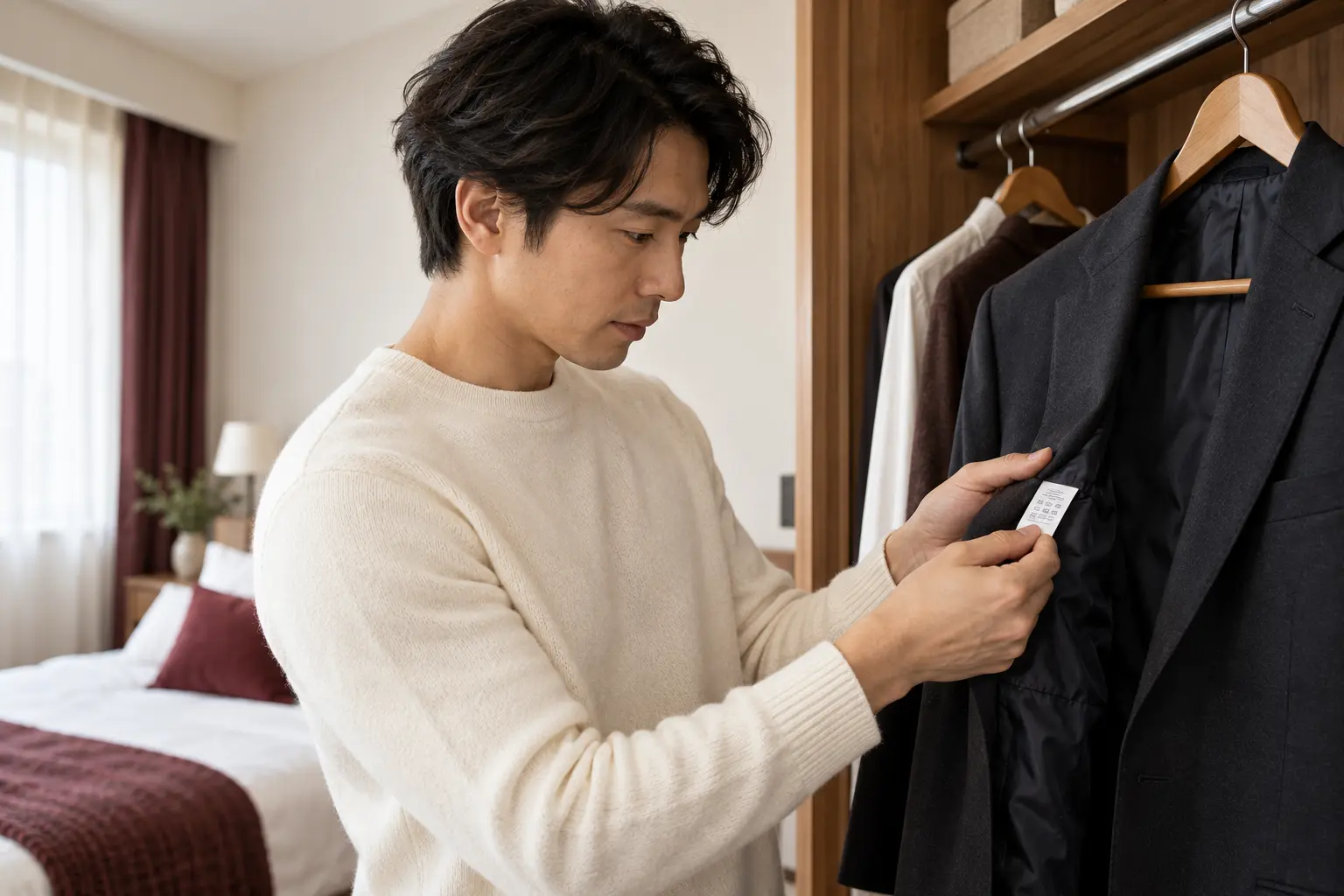 クローゼットでスーツの洗濯表示を確認する男性のイメージ