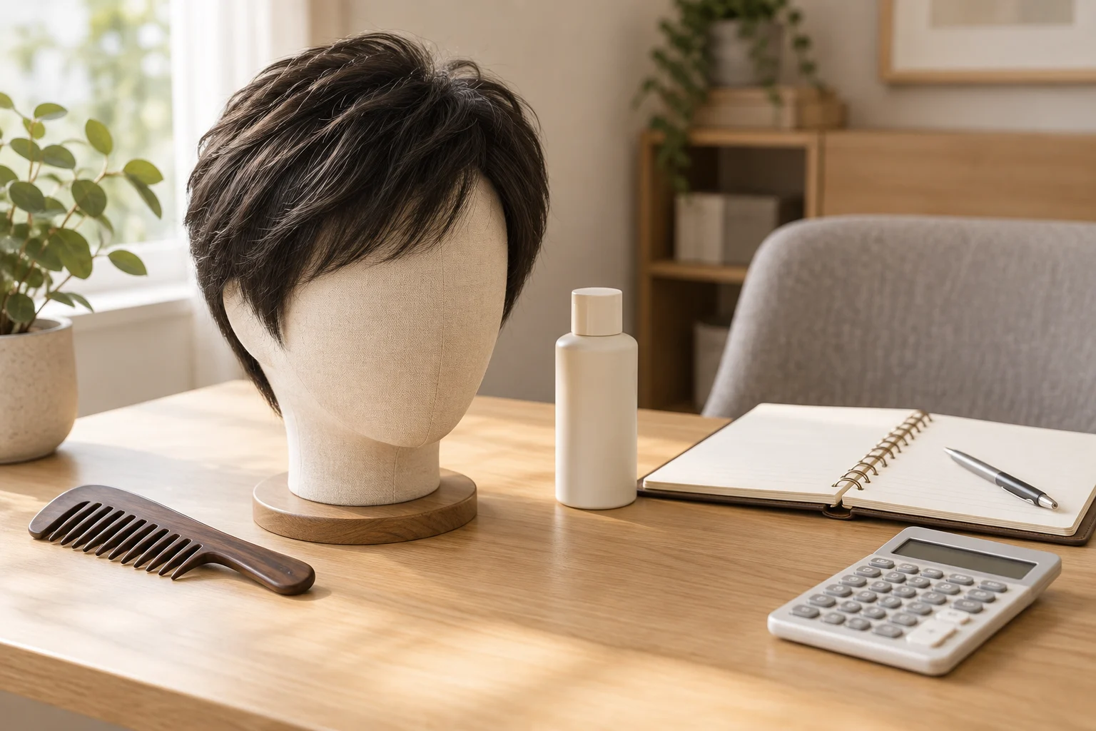 ウィッグと手入れ用品、維持費を整理する電卓とノートのイメージ。特定の商品ではありません