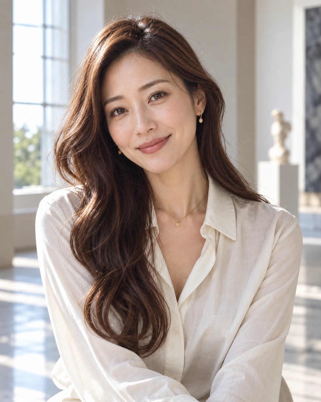 ブラウンのロングヘアとアイボリーのブラウスの女性のビューティーポートレート